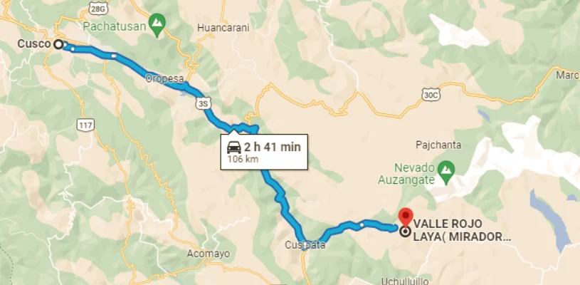 Distancia en kilómetros desde la ciudad del Cusco hasta el Valle Rojo